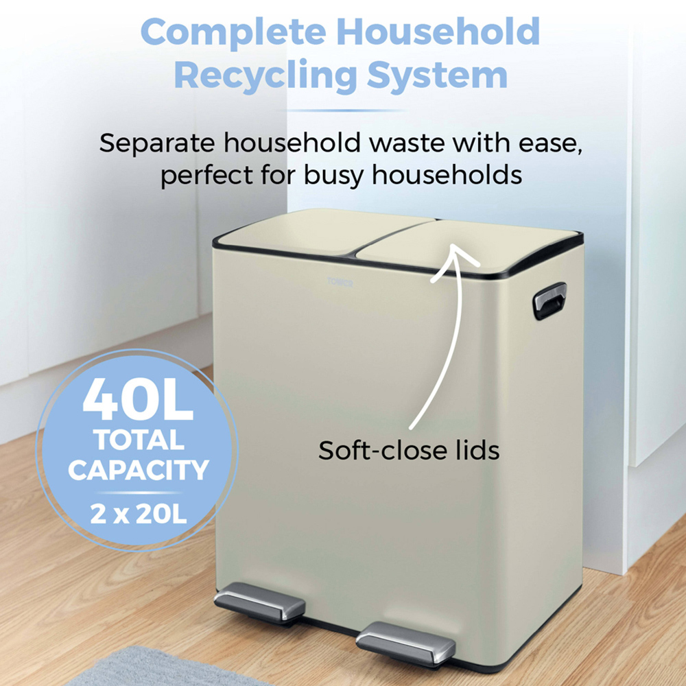 Tower Double Recycling Cream Pedal Bin 40L Image 3