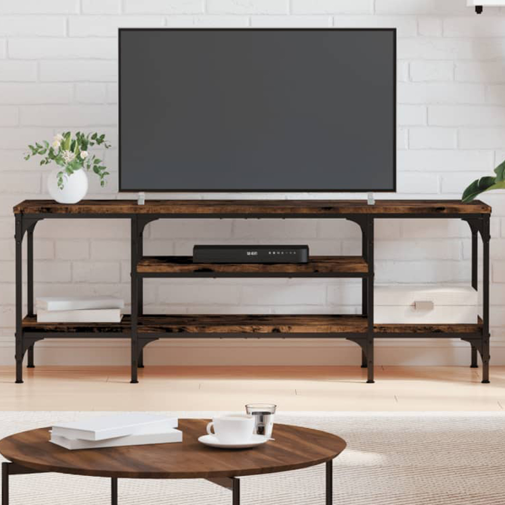 vidaXL 4 Open Shelf Smoked Oak and Black TV Cabinet Image 1