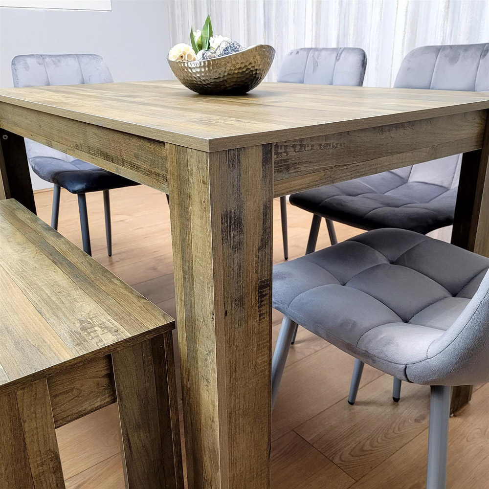 Portland 6 Seater Dining Set Rustic Effect and Grey Velvet with Bench Image 6