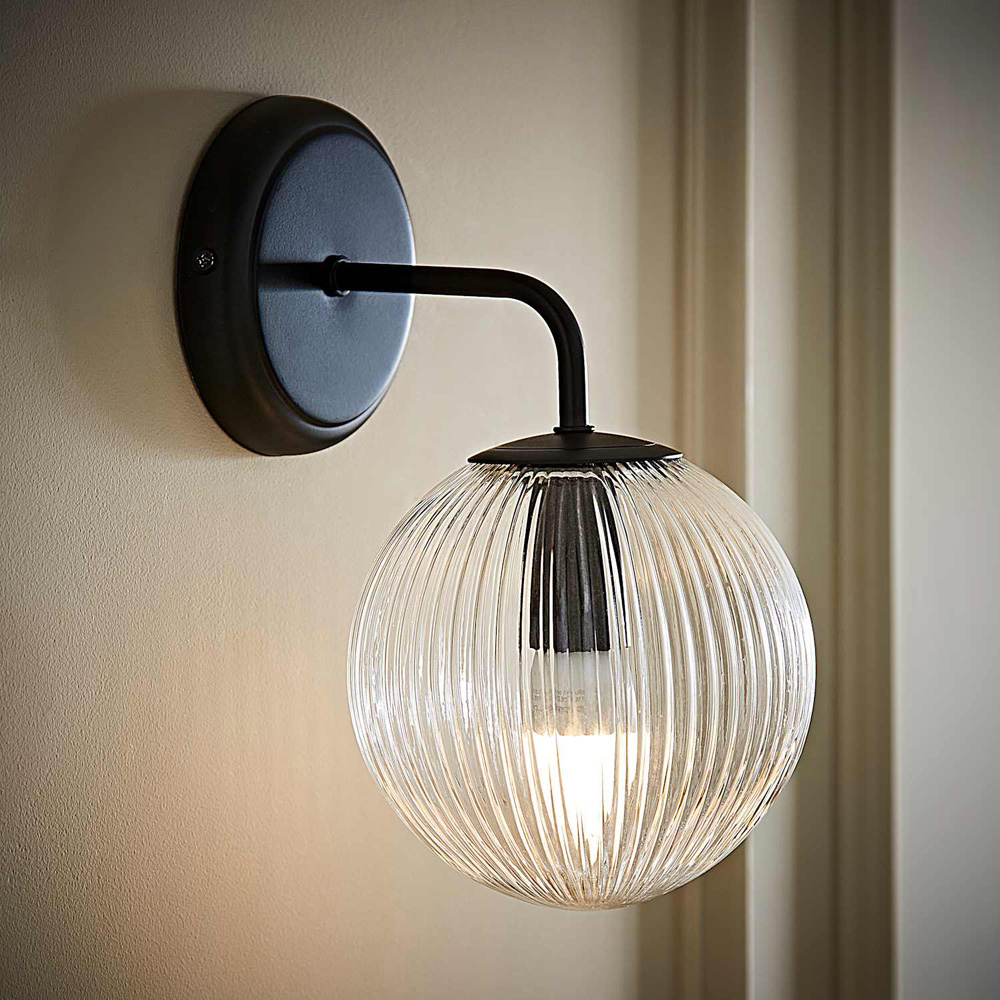 ValueLights Kempton Ribbed Globe Shade Matte Black Wall Lights with Bulbs Image 7
