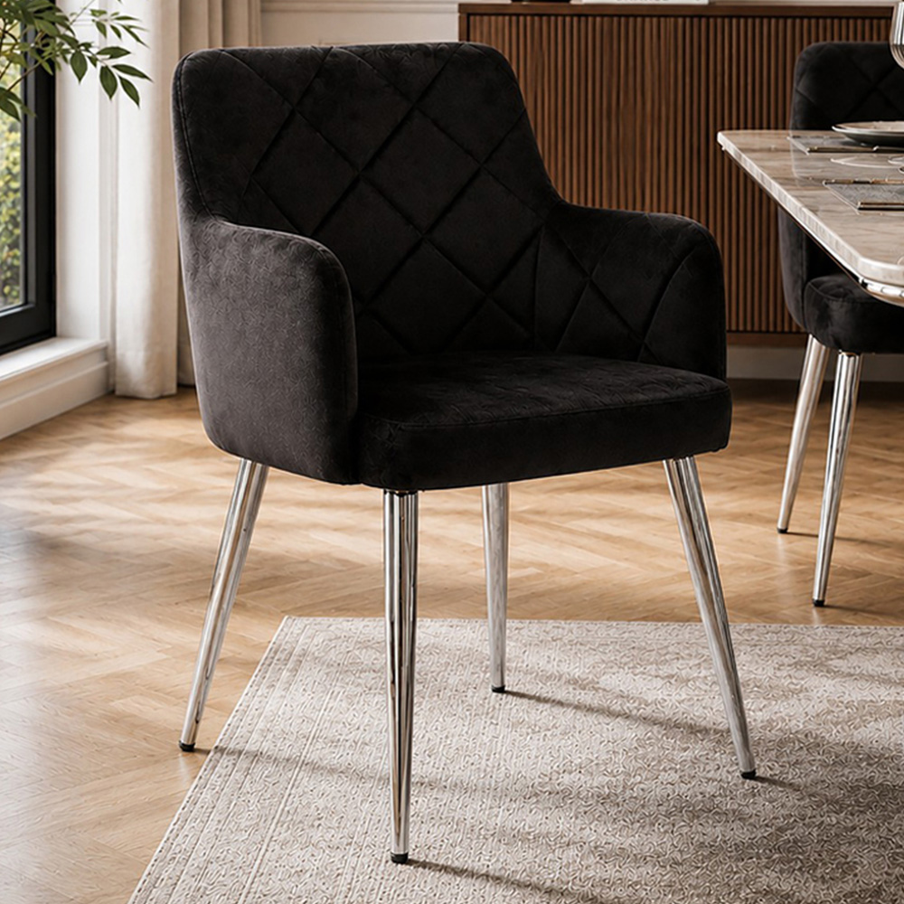 Premier Housewares Tamzin Black Velvet Quilted Dining Chair with Chrome Legs Image 1