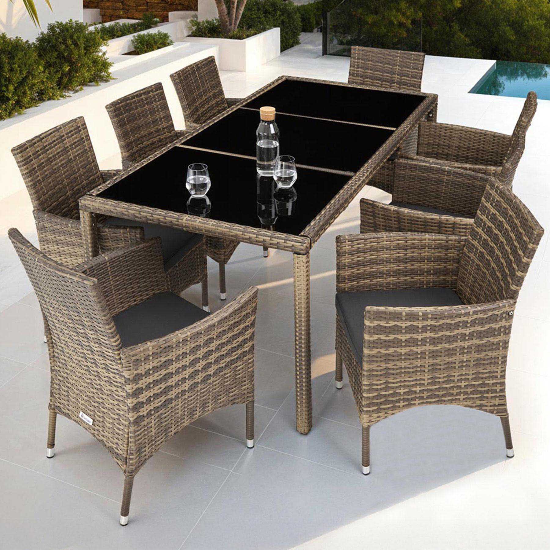 tectake Valencia 8 Seater Nature and Dark Grey Dining Table Set with Cover Image 1