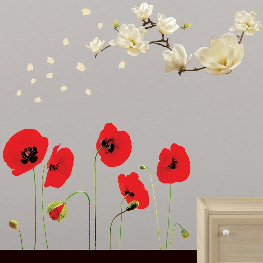 Walplus Flower Theme Magnolia and Poppe White Self Adhesive Wall Stickers Image 5