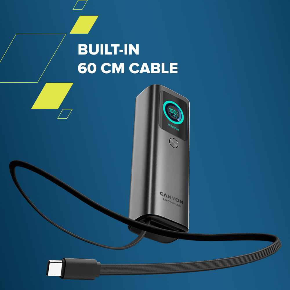 Canyon OnPower 265 Dark Grey Built-in Cable Power Bank 165W 20000mAh Image 2