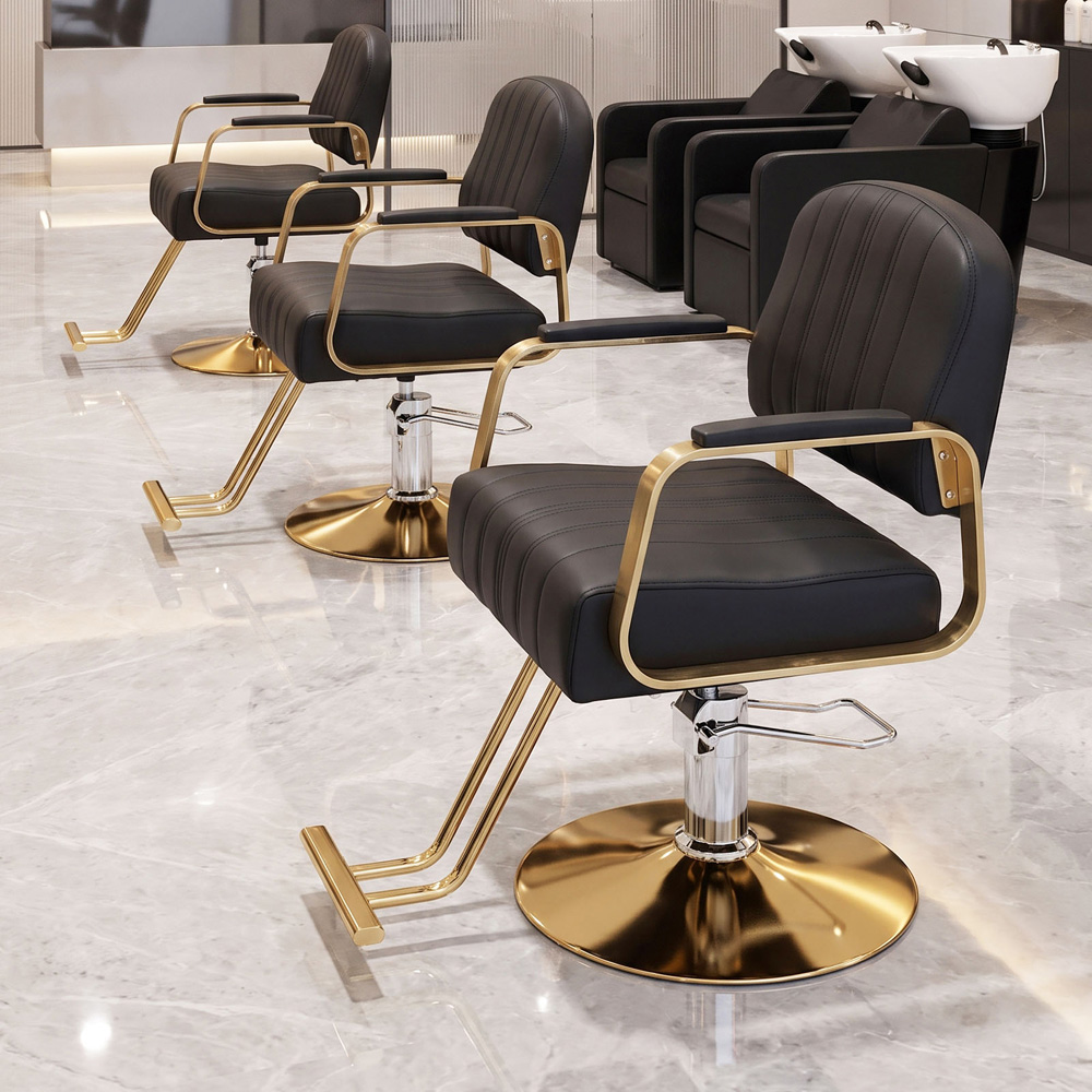 Living and Home Black and Gold Swivel Base Salon Barber Chair with Hydraulic Lift Image 7