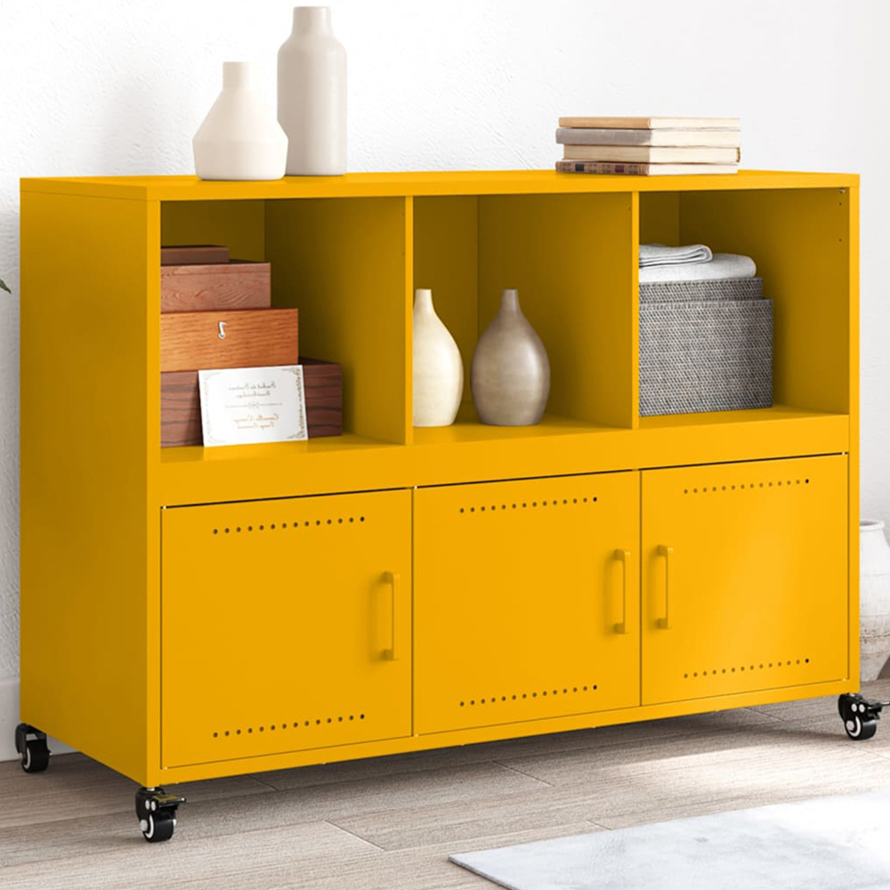vidaXL 3 Door 3 Shelf Mustard Yellow Steel Sideboard Image