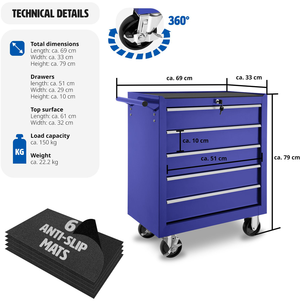 tectake 5 Drawer Blue Tool Chest of Drawers with Wheels Image 8