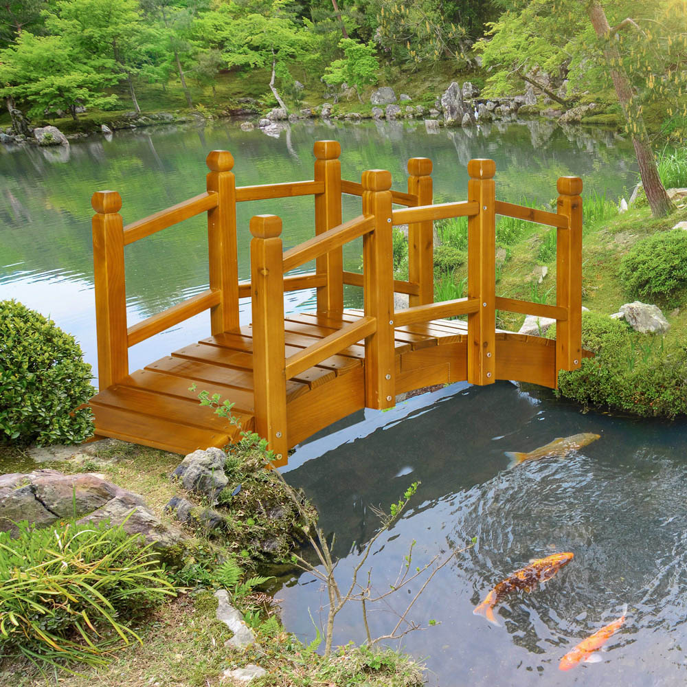 Outsunny Brown Wooden Arc Garden Bridge with Safety Railings Image 2