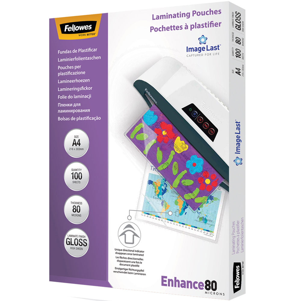 Fellowes A4 80 Micron Gloss Laminating Pouch 100 Pack Image 1