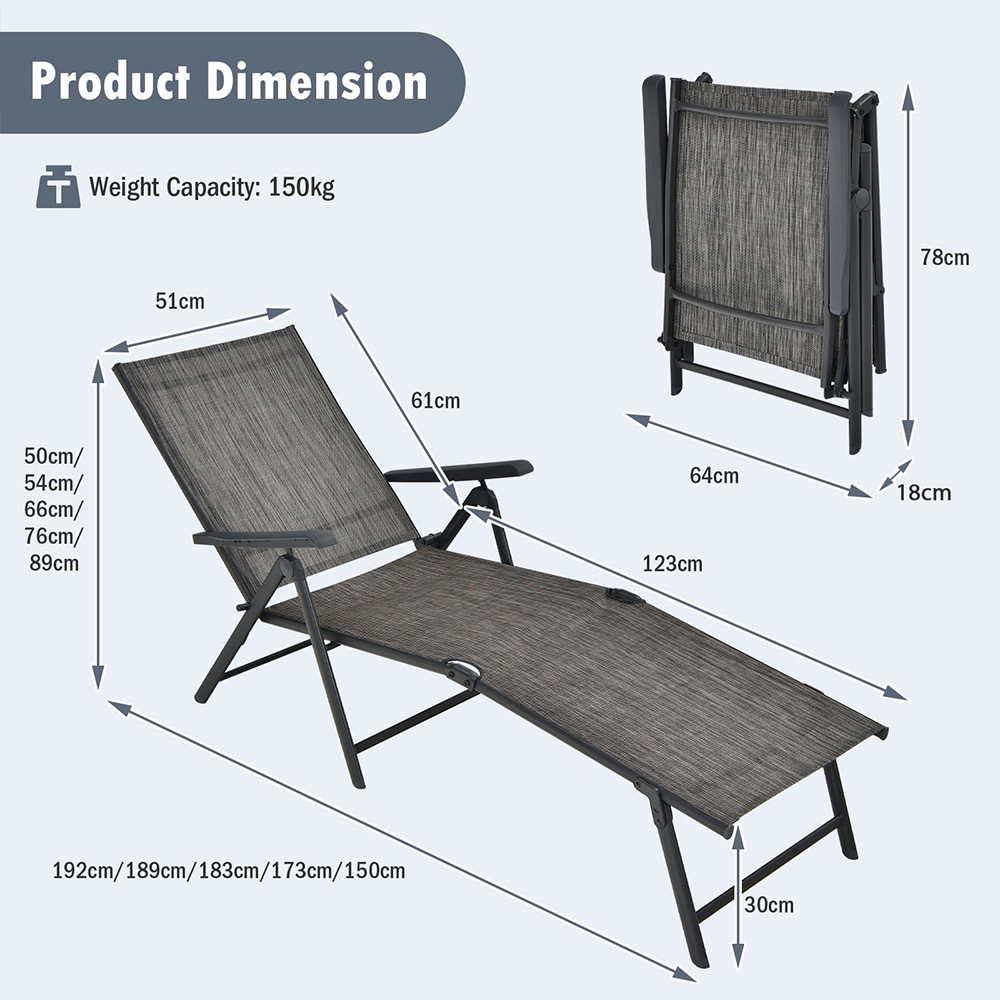 Costway Set of 2 Grey Adjustable Foldable Chaise Lounge Chair Image 6