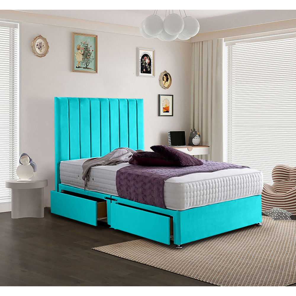 Eleganza Home Sleepytime Small Double Teal Plush Velvet 2 Drawer Divan Bed with Headboard Image 2