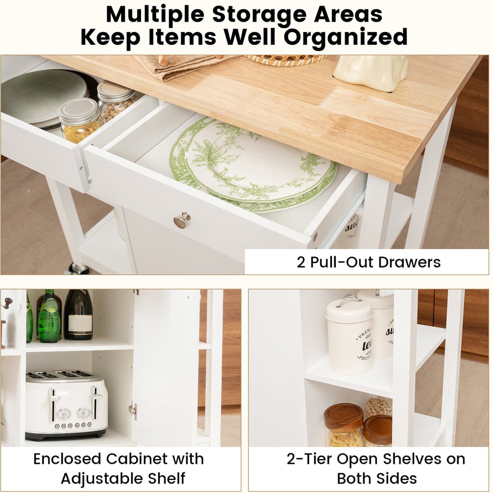 Costway White Rolling Kitchen Island Cart with Rubber Wood Top Image 3