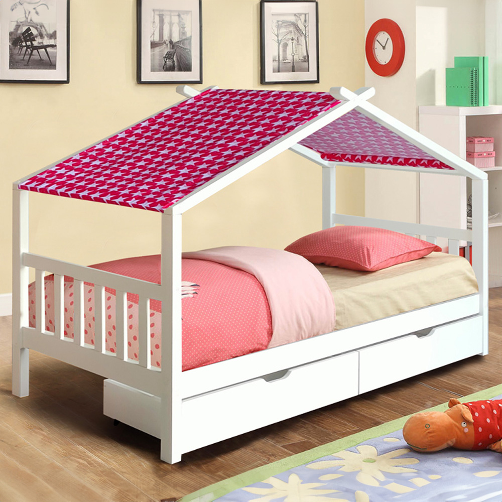 Brooklyn Single White 2 Drawer House Storage Bed with Red Tent Image 1