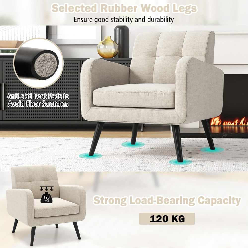 Costway Beige Mid Century Modern Upholstered Armchair Image 8