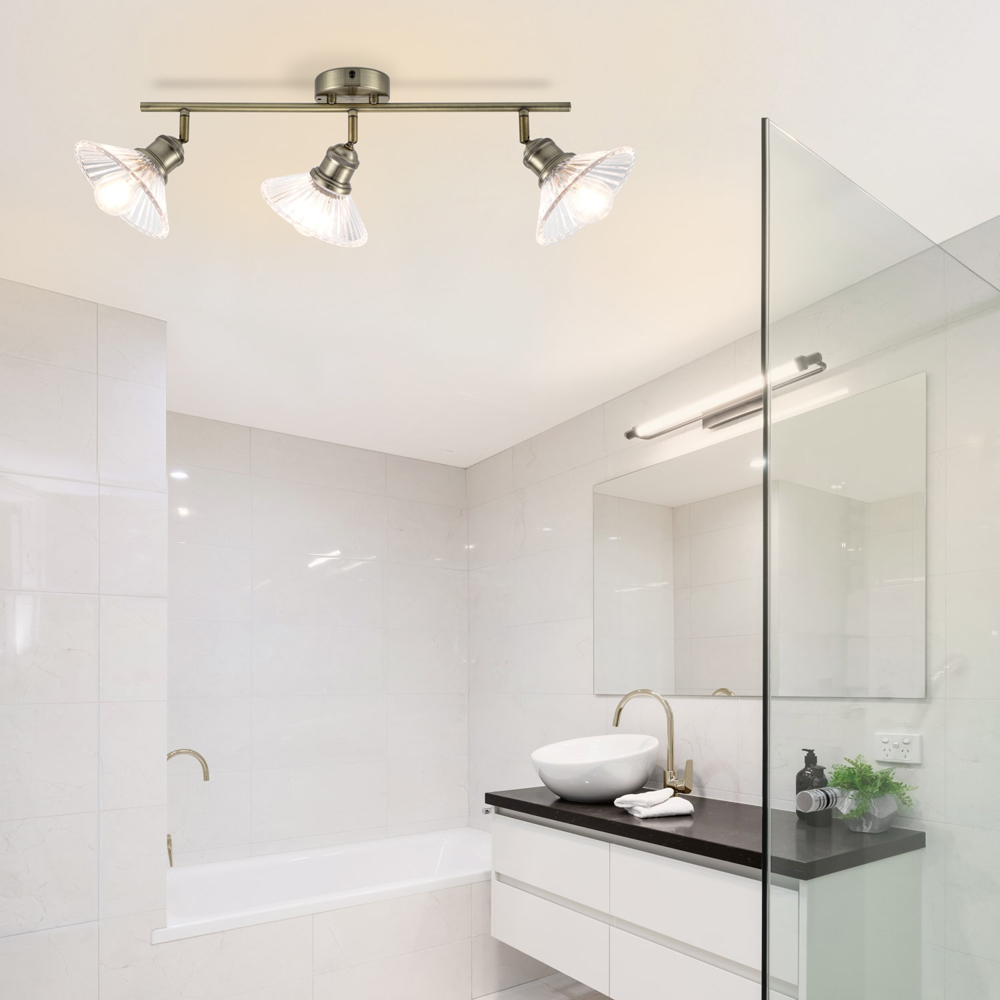 Cosylyte Milan Bathroom 3 Light Antique Brass Ribbed Glass Spotlight Image 6