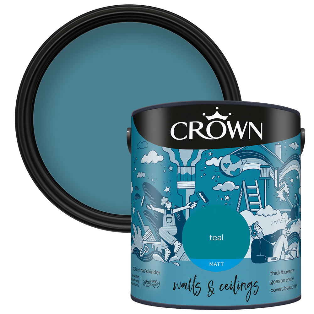 Crown Walls & Ceilings Teal Matt Emulsion Paint 5L Image 1
