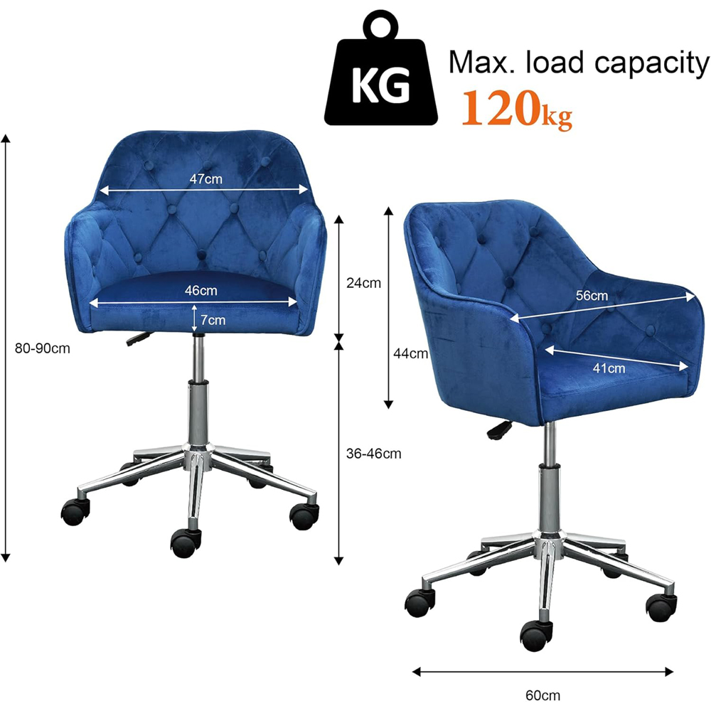 Alivio Blue Velvet Height Adjustable Swivel Tufted Office Chair with Wheels Image 9