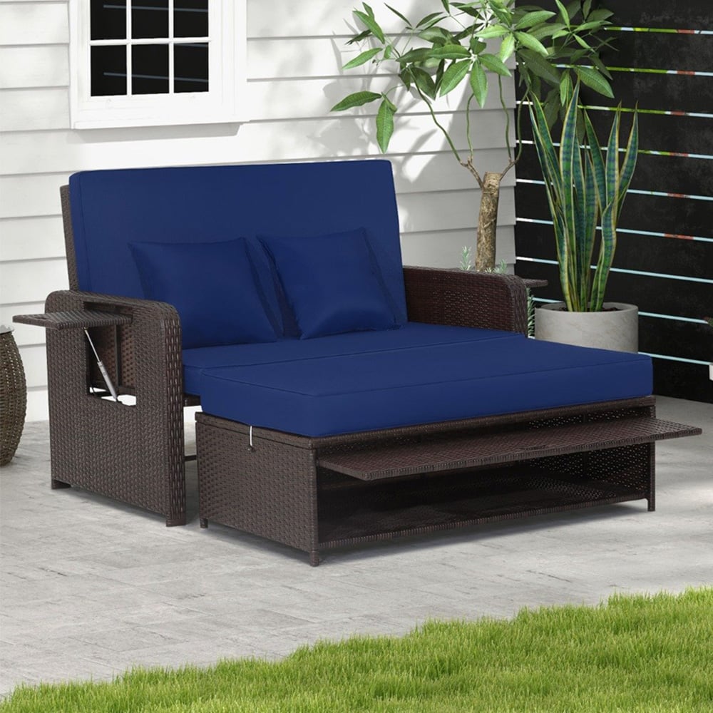 Costway 2 Seater Ratan Wicker Blue Loveseat Sofa with Ottoman and Side Tray Image 1