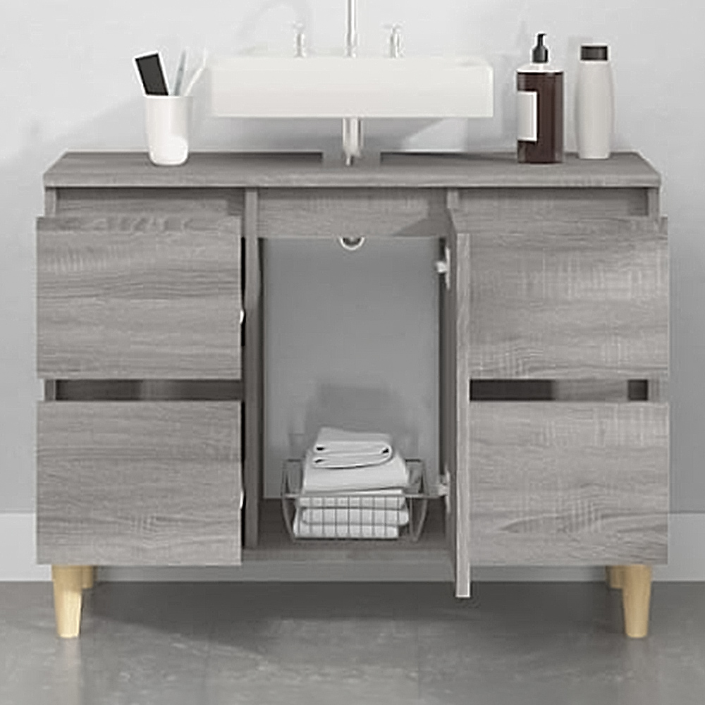 vidaXL Single Door 4 Drawer Grey Sonoma Freestanding Under Sink Bathroom Cabinet Image 1