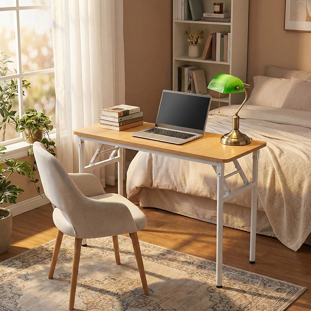 Living and Home Metal Frame Foldable Laptop Desk with Adjustable Feet Natural and White Image 7
