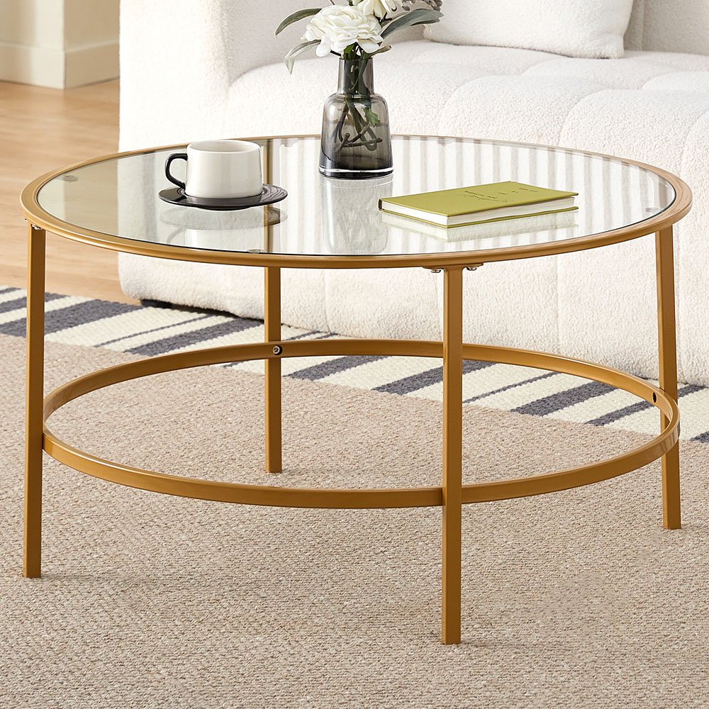 Comfy Living Gold Round Tempered Glass Coffee Table Image 1