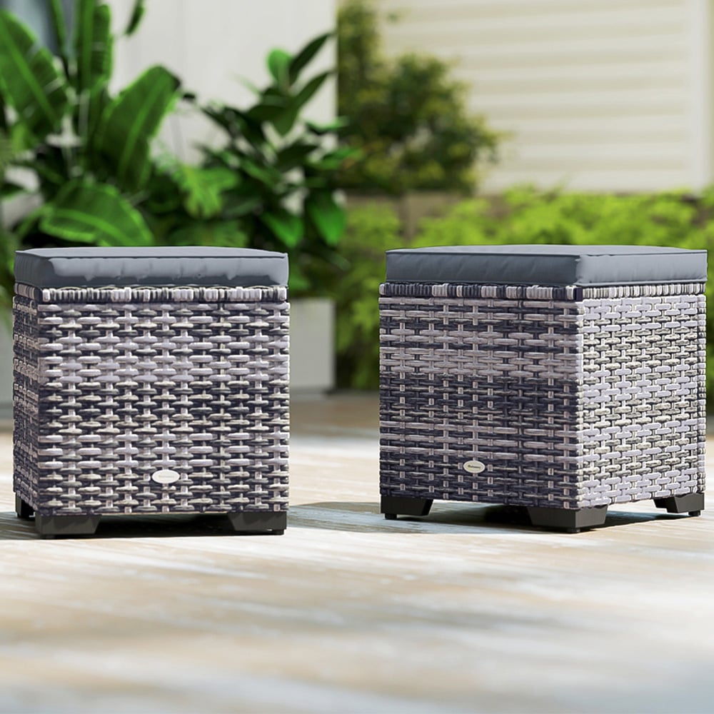 Outsunny Dark Grey Rattan Footstool with Storage Set of 2 Image 1