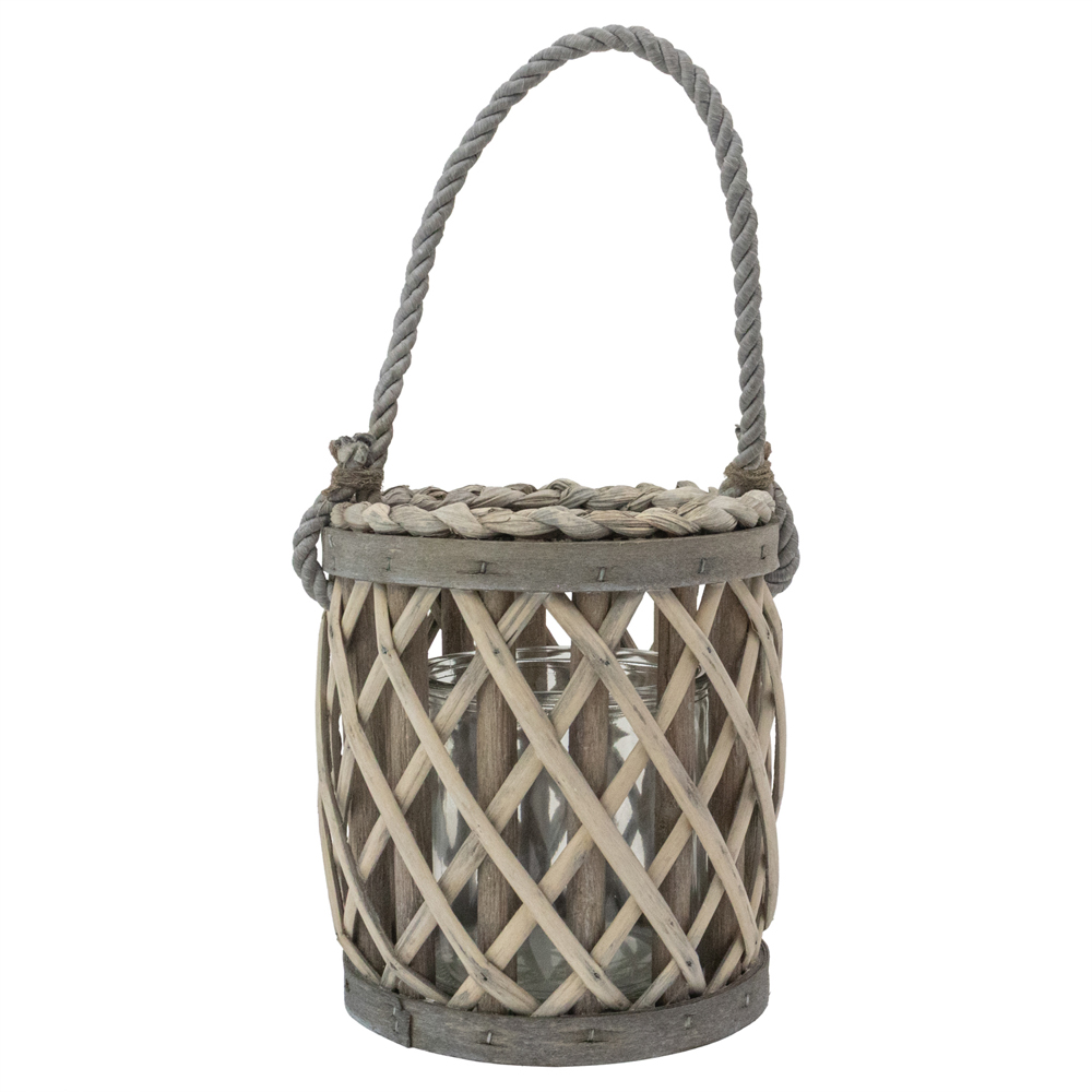JVL Luna Grey Wash Natural Willow Wood Lantern with Braided Rope Handle 2 Pack Image 4
