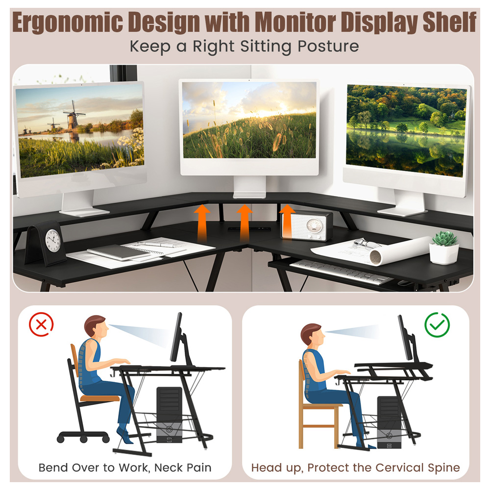 Costway 2 Shelf L Shaped Computer Desk with Power Outlet Black Image 6