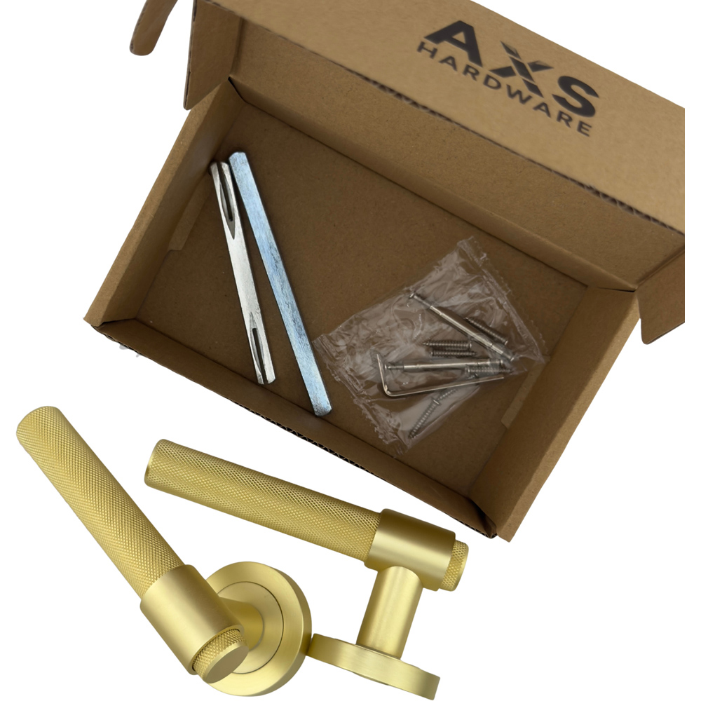 AXS Hardware Dakota Satin Brass Knurled Bathroom Door Handles on Rose 4 Pack Image 7
