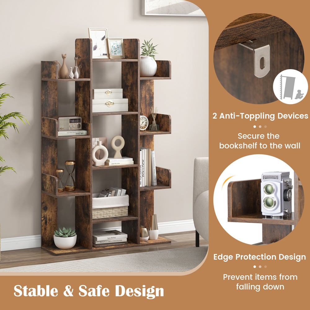 Costway 13 Shelf Rustic Brown Tree Bookcase Image 6
