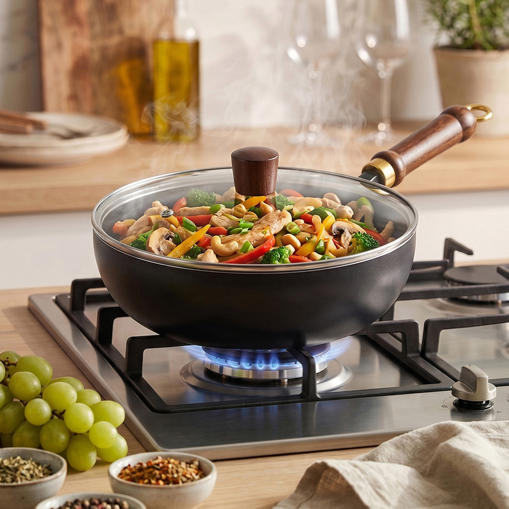 Living and Home 24cm Black Iron Deep Wok Pan with Glass Lid Image 2