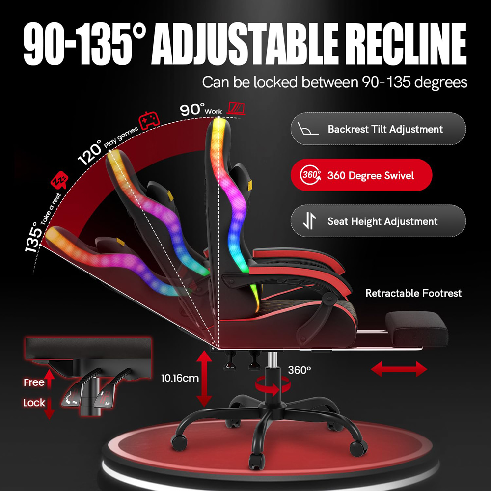 Rattrix Red Reclining RGB Gaming Chair with LED Lights and Footrest Image 8