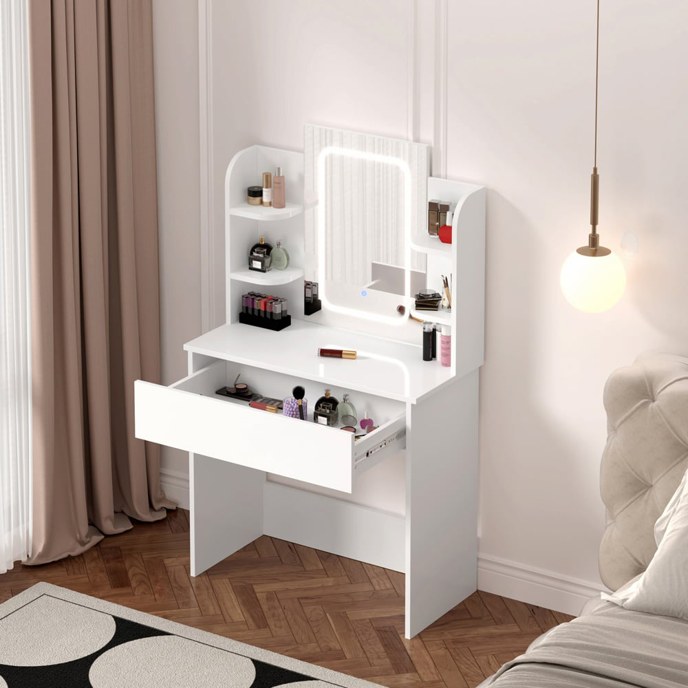 FurnitureHMD Single Drawer 4 Shelf White Wooden Dressing Table with Adjustable LED Mirror Image 6