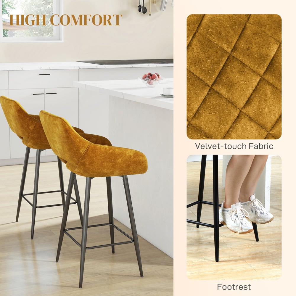 HOMCOM Brown Velvet Touch Fabric Bar Chair Set of 2 Image 5