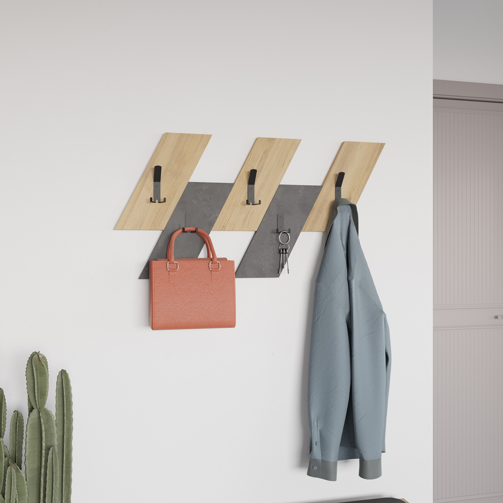 Decortie Ivy 5 Hook Oak and Retro Grey Modern Wall Mounted Hanger Image 4
