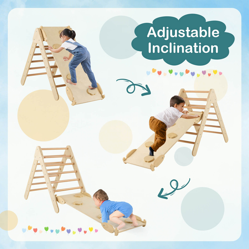 Costway 2 in 1 Natural Wooden Triangle Climbing Ladder Set with Reversible Ramp Image 6