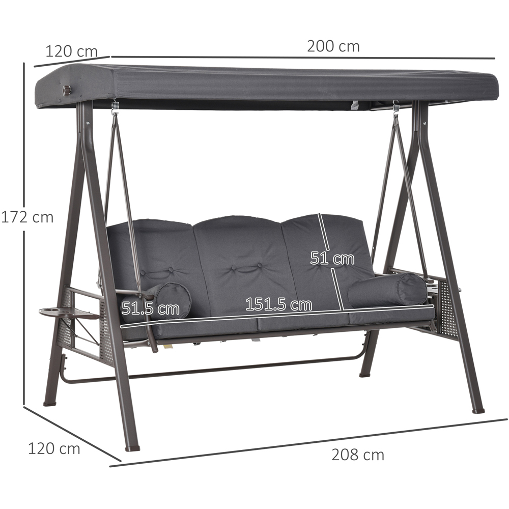 Outsunny 3 Seater Dark Grey Swing Chair with Canopy and Cup Tray Image 7