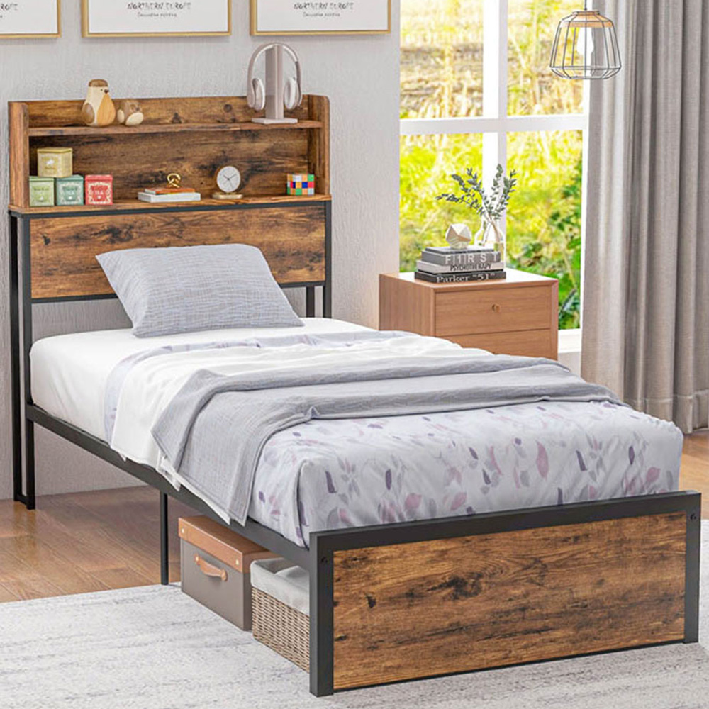 Portland Single Rustic Brown Steel Bed Frame Image 1