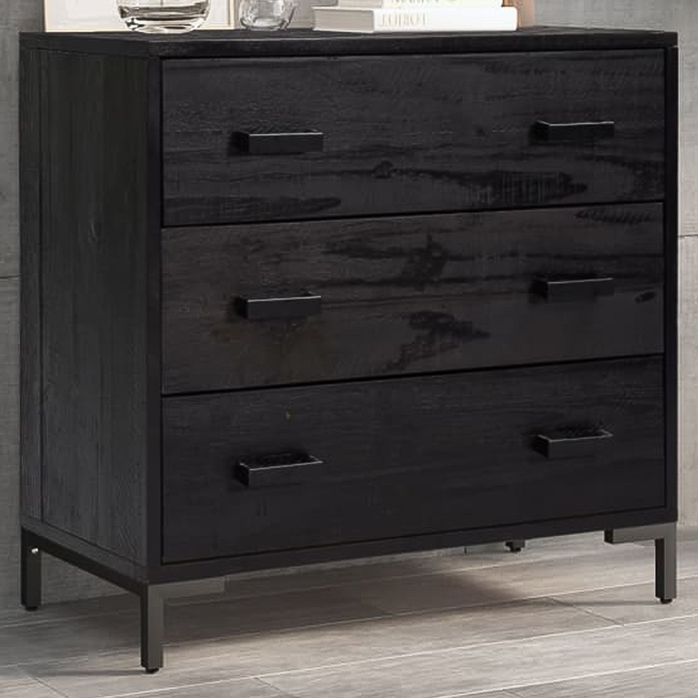 vidaXL 3 Drawer Black Solid Pinewood Chest of Drawers Image 1