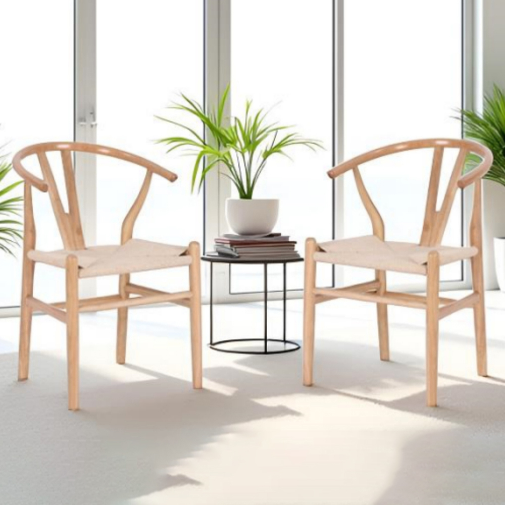Furniture One Set of 2 Oak Rattan Ash Solid Wood Y-Shaped Dining Chair Image 1
