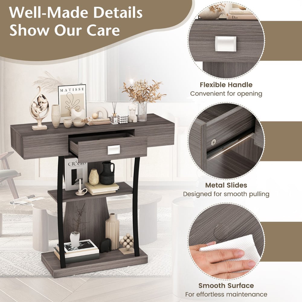 Costway Single Drawer 2 Shelf Grey T Shaped Console Table Image 8