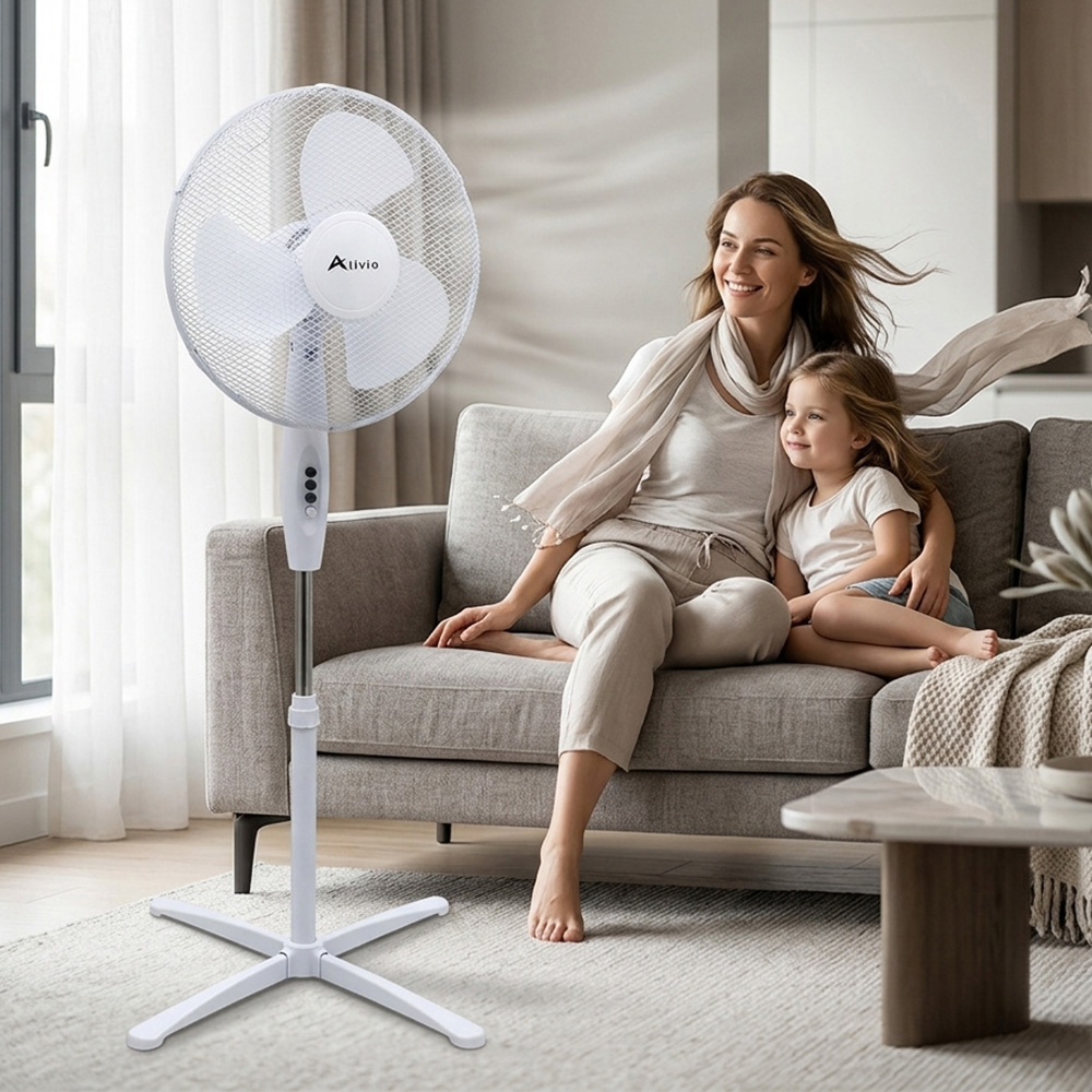 Alivio White 3 Blade Quiet Adjustable Oscillating Pedestal Floor Fan 45W Image 2