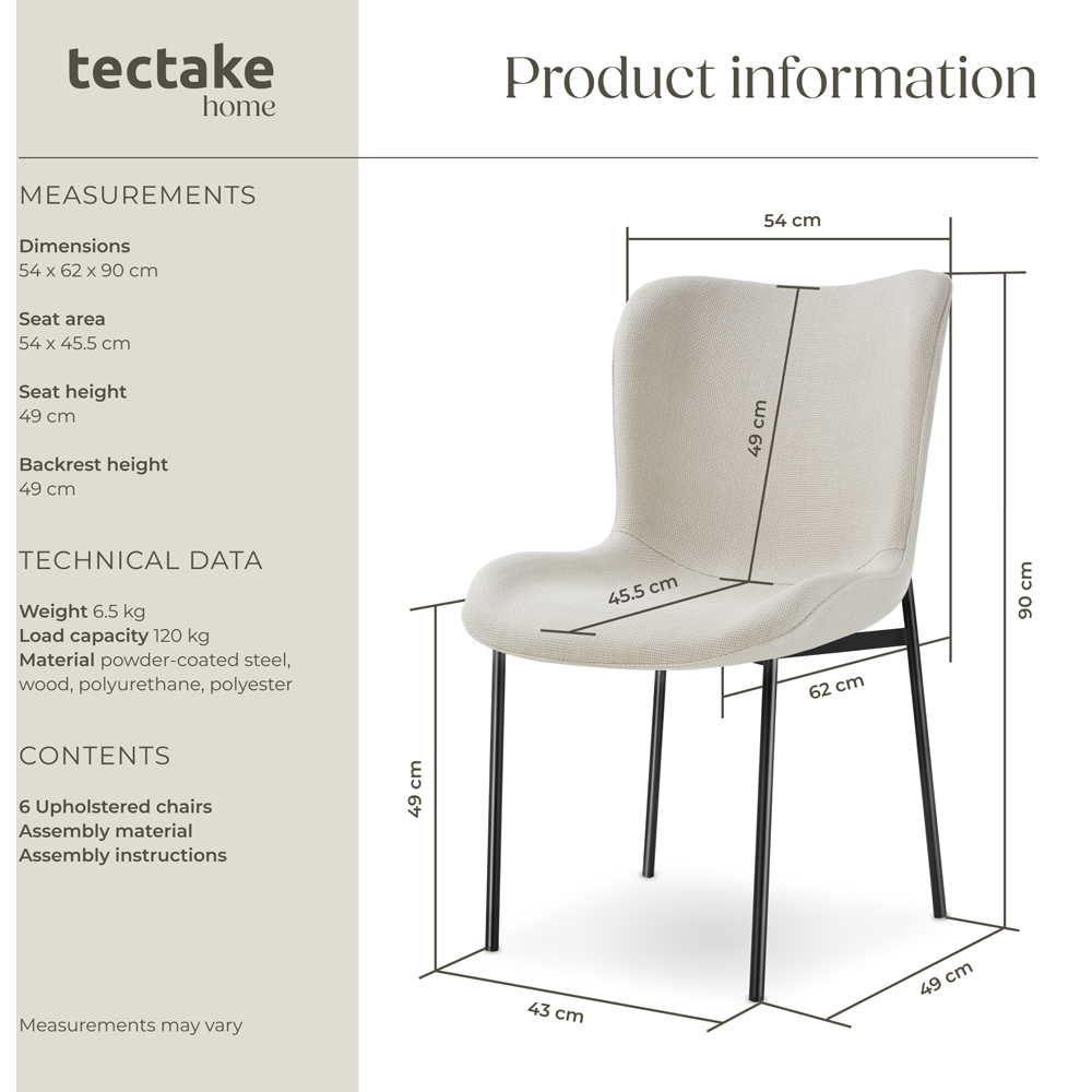 tectake Tessa Set of 6 Off White and Black Woven Fabric Padded Dining Chair Image 9