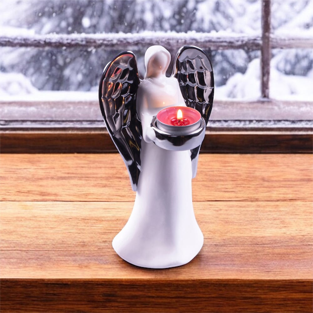 St Helens Silver Wings Standing Ceramic Angel Tealight Holder Image 2