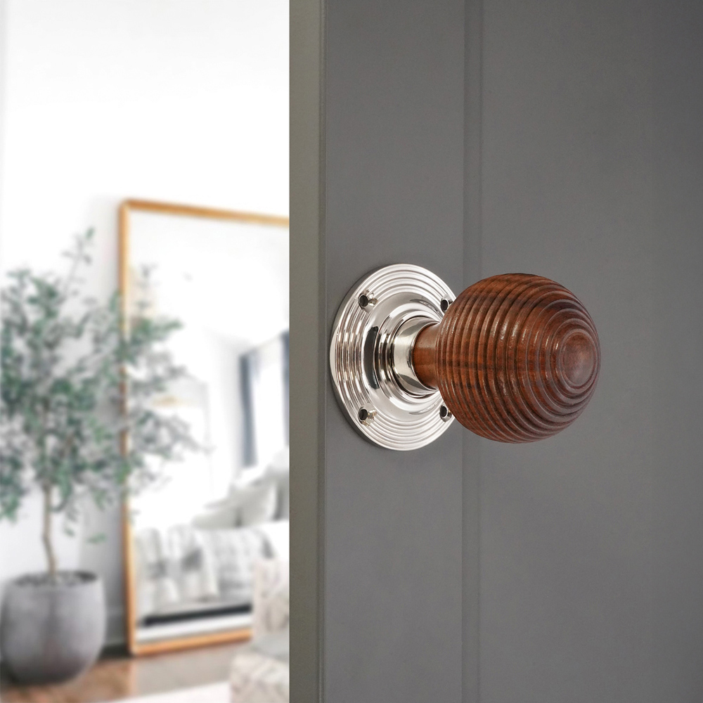 Spira Brass Polished Nickel Rosewood Beehive Rim and Mortice Door Knob 2 Pack Image 2