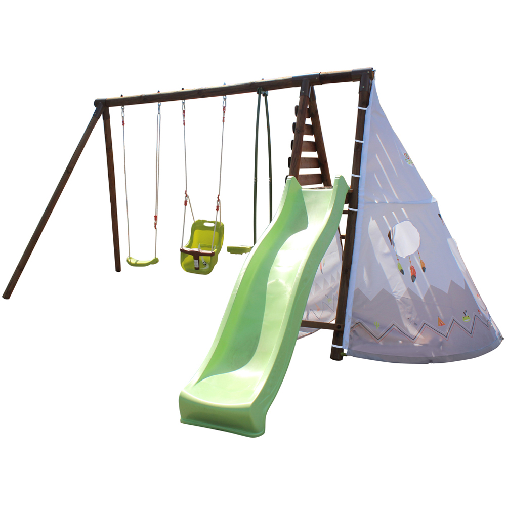 Soulet Camelia Kids Wooden Double Swing Set with Slide Image 1