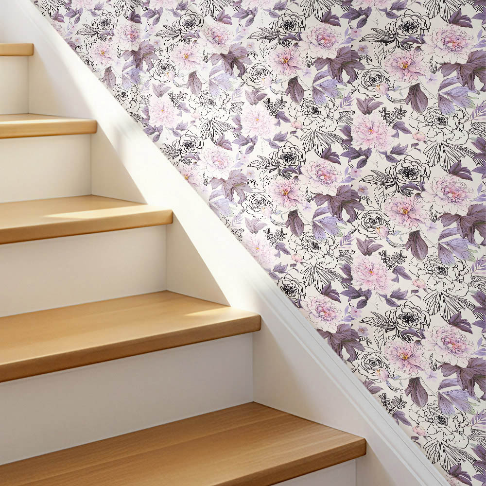 Living and Home Floral Pattern Pink and Purple Peel and Stick Wallpaper Image 2
