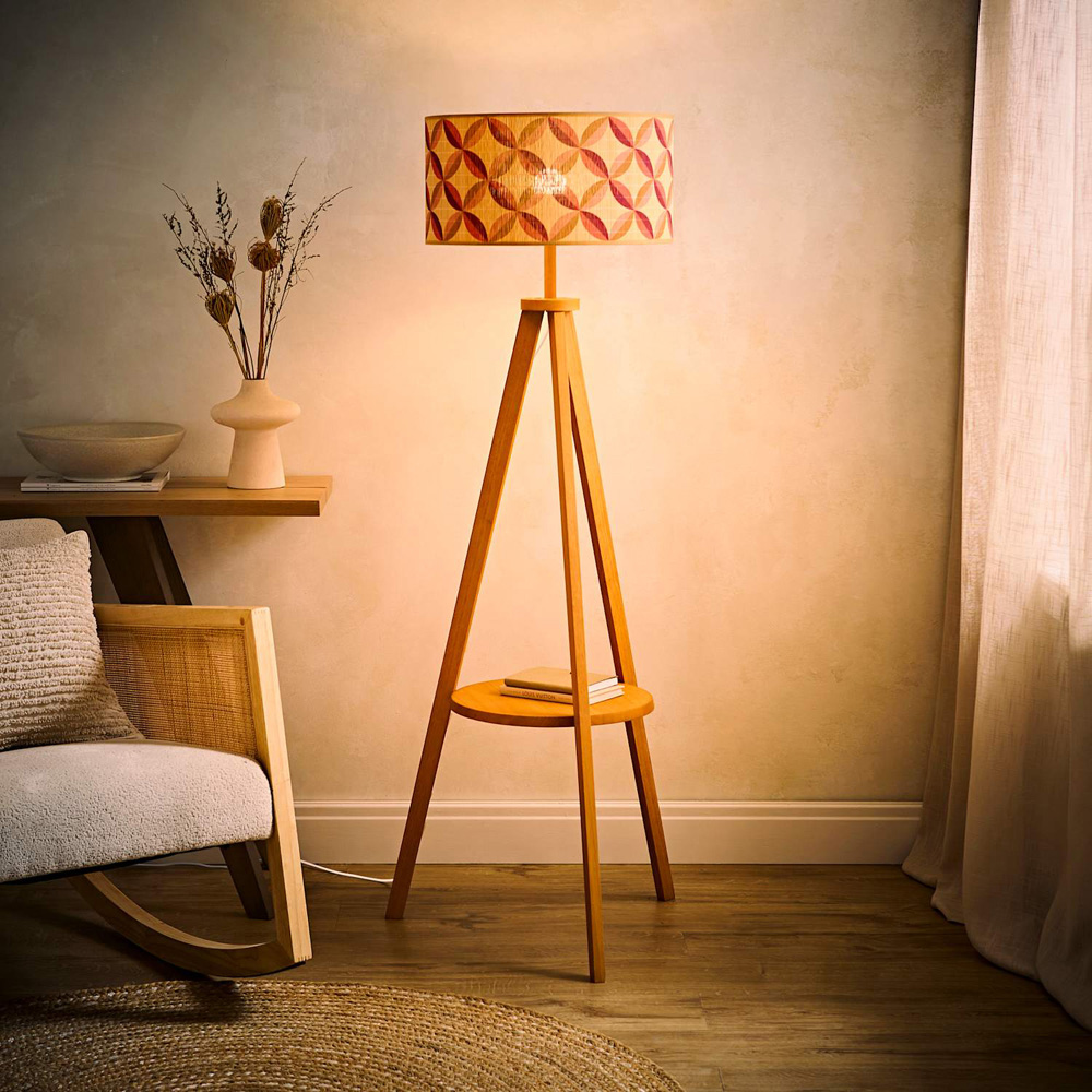 ValueLights Morrigan Mid Wood Tripod Floor Lamp with Geo Print Bamboo Shade and Bulb Image 2