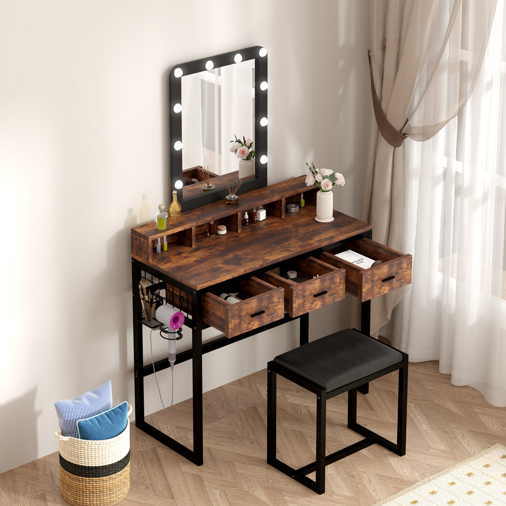 FurnitureHMD 3 Drawer 4 Shelf Rustic Industrial Style LED Light Makeup Vanity with Mirror Image 8