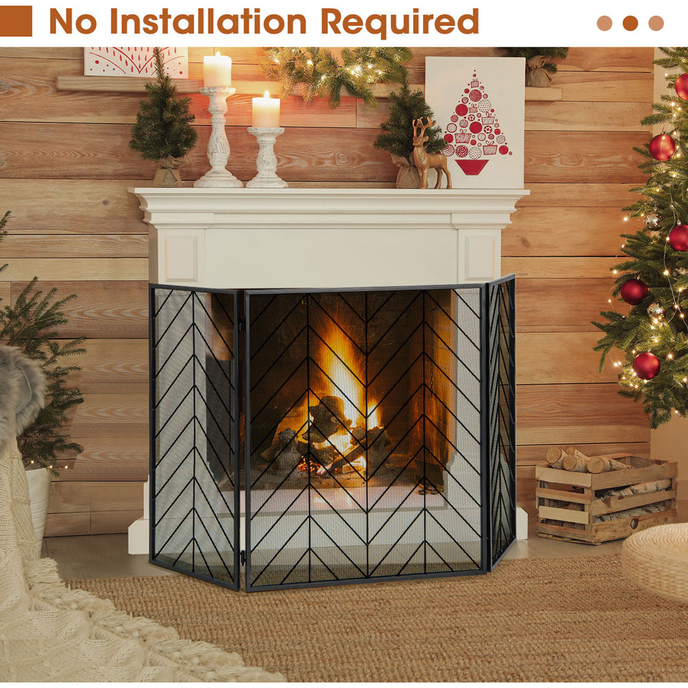 Costway Black Foldable Wrought Metal Iron Mesh Fire Spark Guard with Hinges Image 4